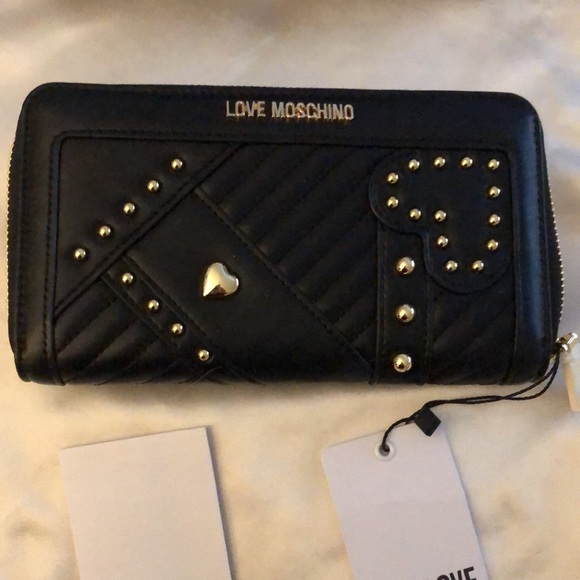 Love Moschino Portafogli Nero Black Faux Leather ZA Wallet Stud Accents NWT/Box - Picture 5 of 15